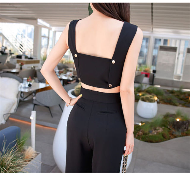 CM-SF051907 Women Casual Seoul Style Zipper Attached V-Neck Wide-Leg Long Suits