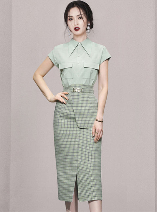 CM-SF052209 Women Elegant European Style Shirt Collar Blouse With Plaids Split Midi Skirt - Set