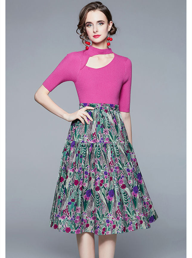 CM-SF053008 Women Casual European Style Hollow Out Knit T-shirt With Floral A-Line Skirt - Set