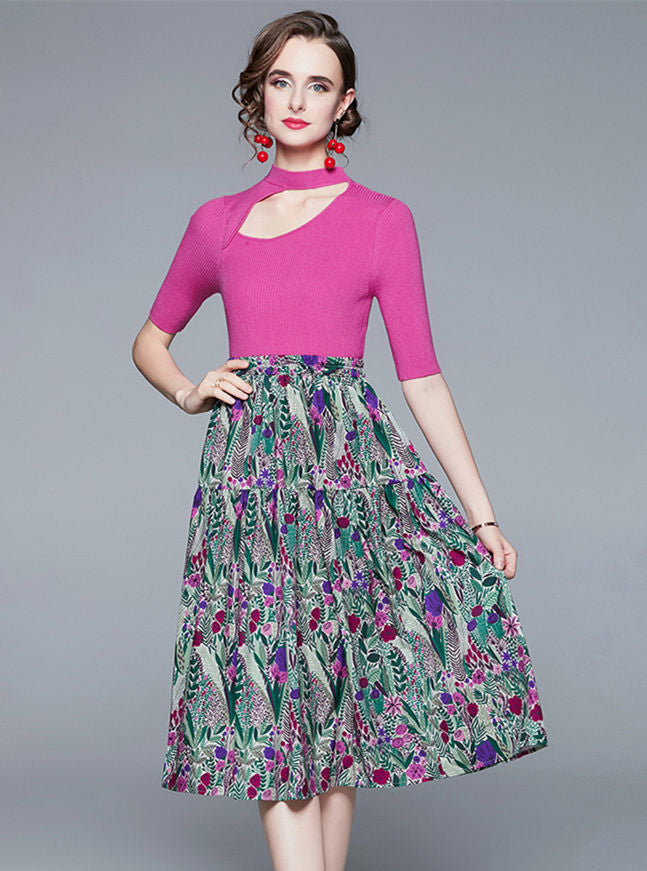 CM-SF053008 Women Casual European Style Hollow Out Knit T-shirt With Floral A-Line Skirt - Set