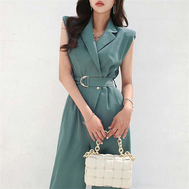 CM-JF060907 Women Casual Seoul Style Tailored Collar Belt Waist Wide-Leg Long Jumpsuit