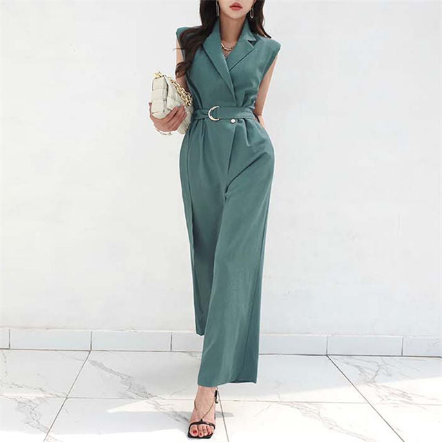 CM-JF060907 Women Casual Seoul Style Tailored Collar Belt Waist Wide-Leg Long Jumpsuit