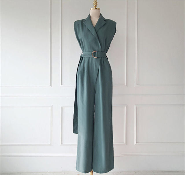 CM-JF060907 Women Casual Seoul Style Tailored Collar Belt Waist Wide-Leg Long Jumpsuit