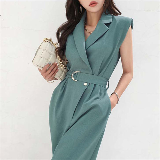 CM-JF060907 Women Casual Seoul Style Tailored Collar Belt Waist Wide-Leg Long Jumpsuit