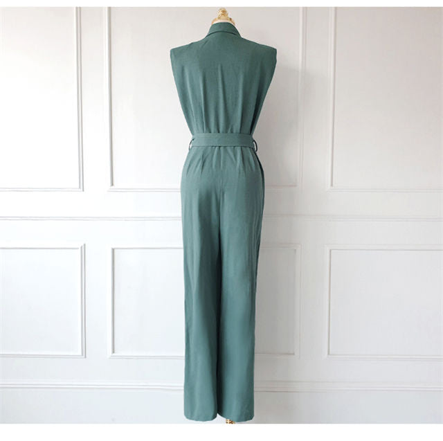 CM-JF060907 Women Casual Seoul Style Tailored Collar Belt Waist Wide-Leg Long Jumpsuit
