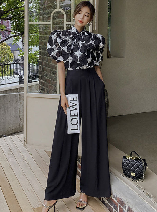 CM-SF061602 Women Retro Seoul Style Tie Collar Loosen Blouse With Wide-Leg Long Pants - Set