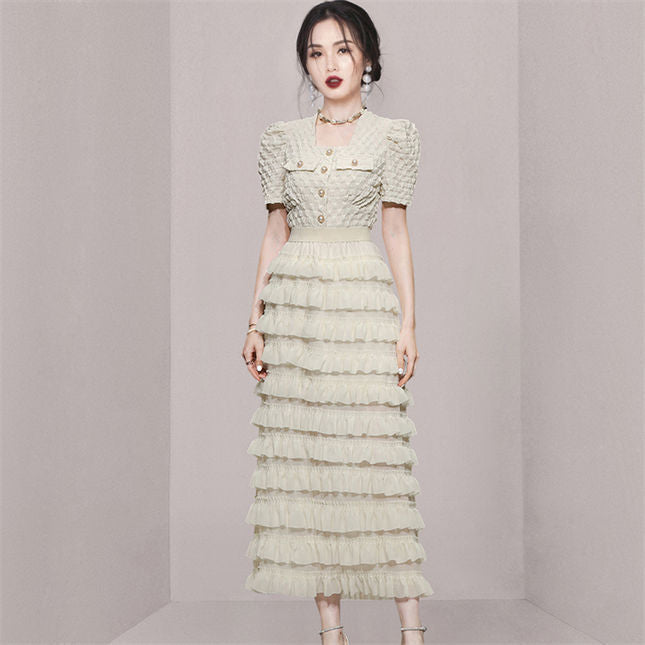 CM-SF061603 Women Retro Seoul Style Embossing Blouse With Layered Flouncing Long Skirt - Set