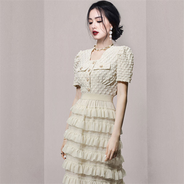 CM-SF061603 Women Retro Seoul Style Embossing Blouse With Layered Flouncing Long Skirt - Set