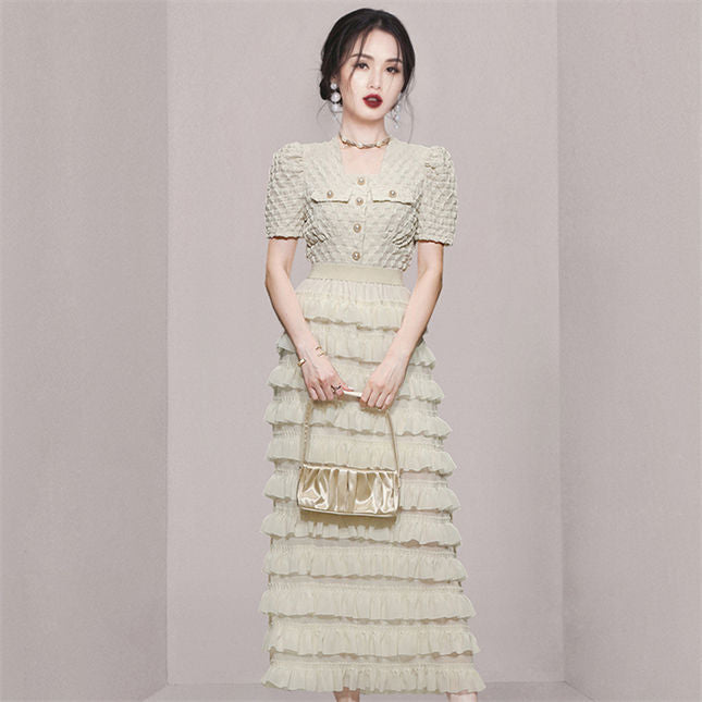 CM-SF061603 Women Retro Seoul Style Embossing Blouse With Layered Flouncing Long Skirt - Set