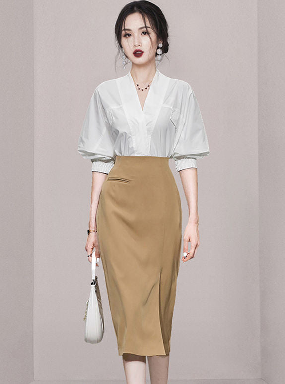 CM-SF061608 Women Elegant Seoul Style V-Neck Batwing Loosen Blouse With Split Midi Skirt - Set