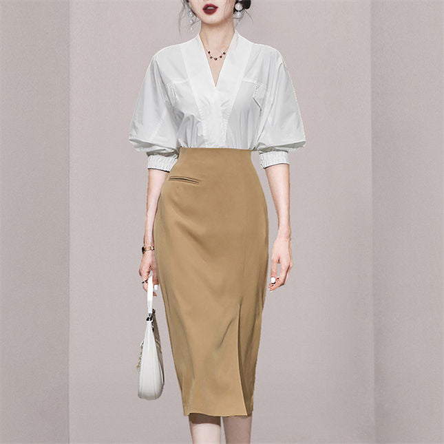 CM-SF061608 Women Elegant Seoul Style V-Neck Batwing Loosen Blouse With Split Midi Skirt - Set