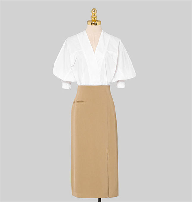 CM-SF061608 Women Elegant Seoul Style V-Neck Batwing Loosen Blouse With Split Midi Skirt - Set