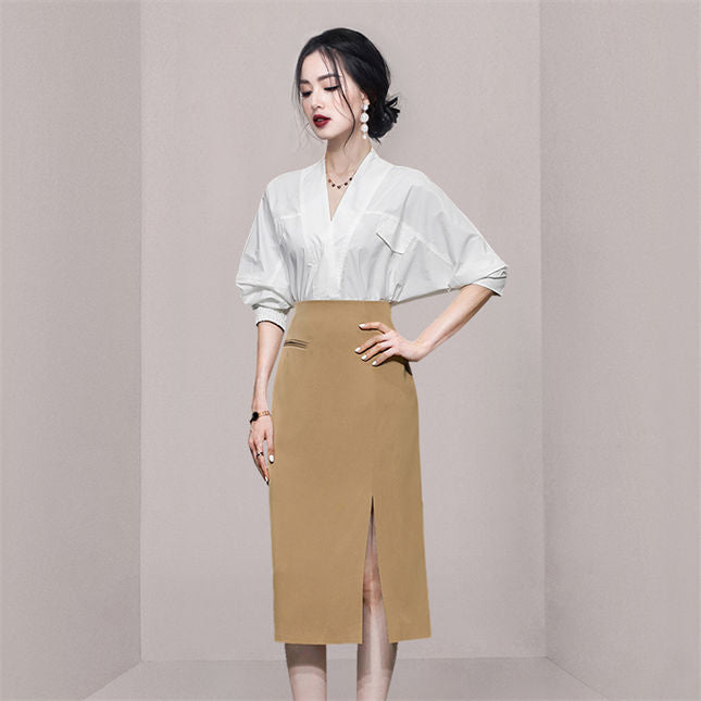 CM-SF061608 Women Elegant Seoul Style V-Neck Batwing Loosen Blouse With Split Midi Skirt - Set