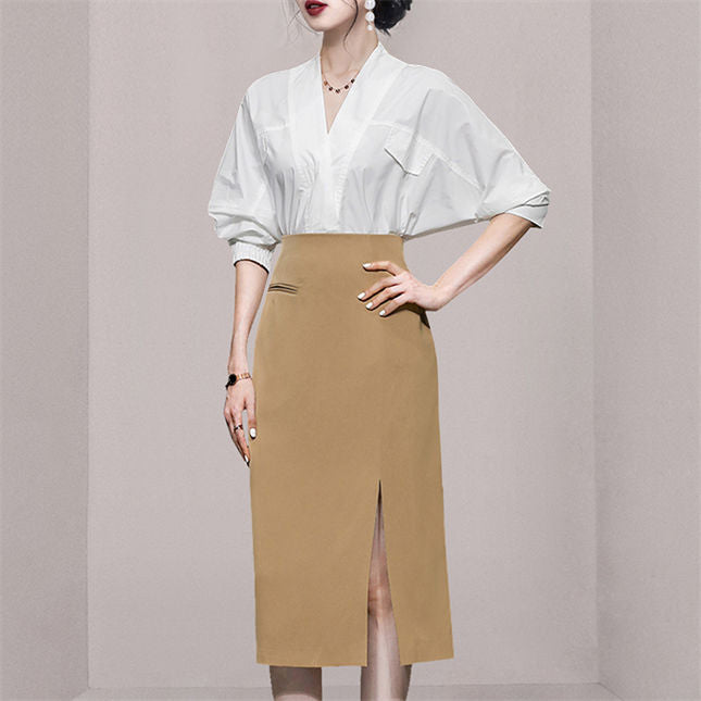 CM-SF061608 Women Elegant Seoul Style V-Neck Batwing Loosen Blouse With Split Midi Skirt - Set