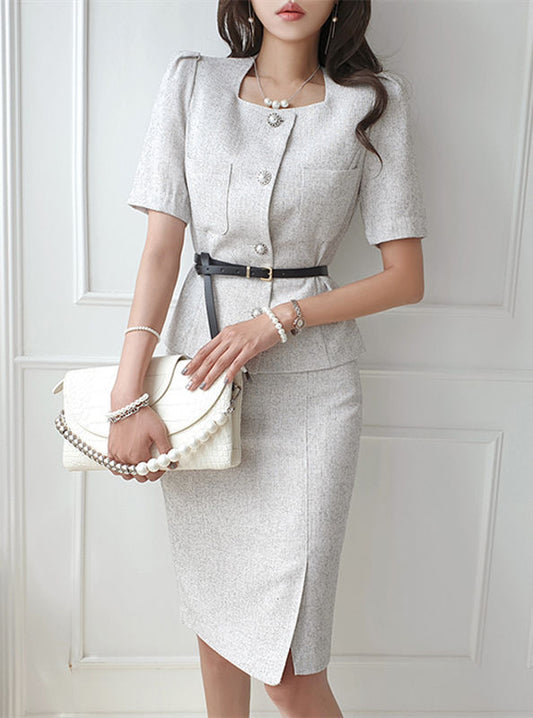 CM-SF062604 Women Casual Seoul Style Single-Breasted Belt Waist Slim Dress Set