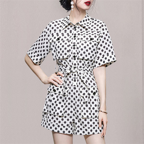 CM-JF063010 Women Classic European Style Tie Waist Shirt Collar Dots Short Jumpsuit