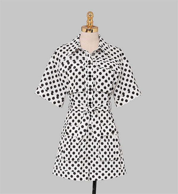 CM-JF063010 Women Classic European Style Tie Waist Shirt Collar Dots Short Jumpsuit