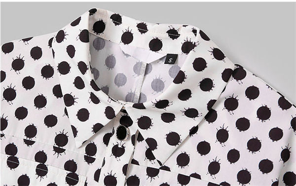 CM-JF063010 Women Classic European Style Tie Waist Shirt Collar Dots Short Jumpsuit