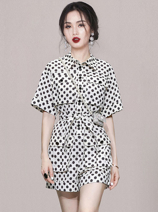 CM-JF063010 Women Classic European Style Tie Waist Shirt Collar Dots Short Jumpsuit