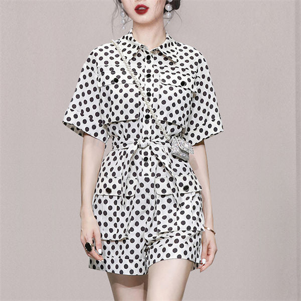CM-JF063010 Women Classic European Style Tie Waist Shirt Collar Dots Short Jumpsuit