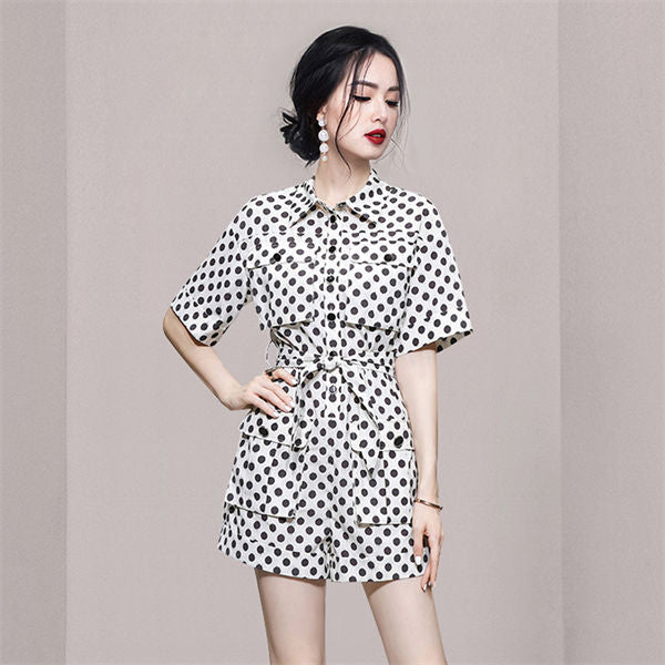 CM-JF063010 Women Classic European Style Tie Waist Shirt Collar Dots Short Jumpsuit