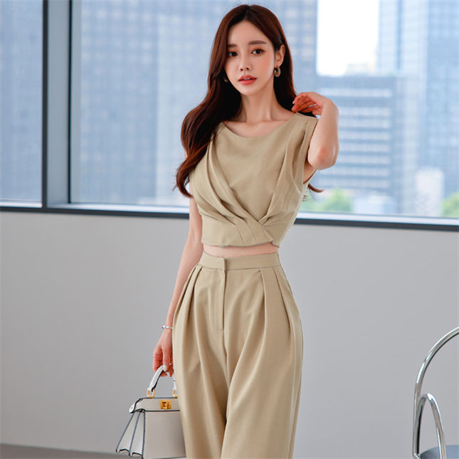 CM-SF070903 Women Casual Seoul Style Pleated Tank Tops With Wide-Leg Long Pants - Set