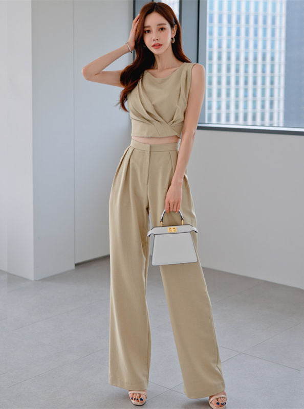 CM-SF070903 Women Casual Seoul Style Pleated Tank Tops With Wide-Leg Long Pants - Set