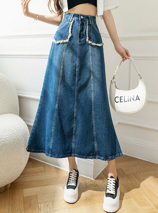 CM-BF071222 Women Preppy Seoul Style High Waist Fishtail Denim A-Line Long Skirt