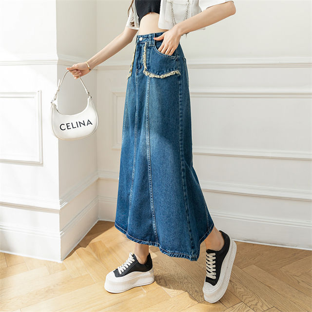 CM-BF071222 Women Preppy Seoul Style High Waist Fishtail Denim A-Line Long Skirt