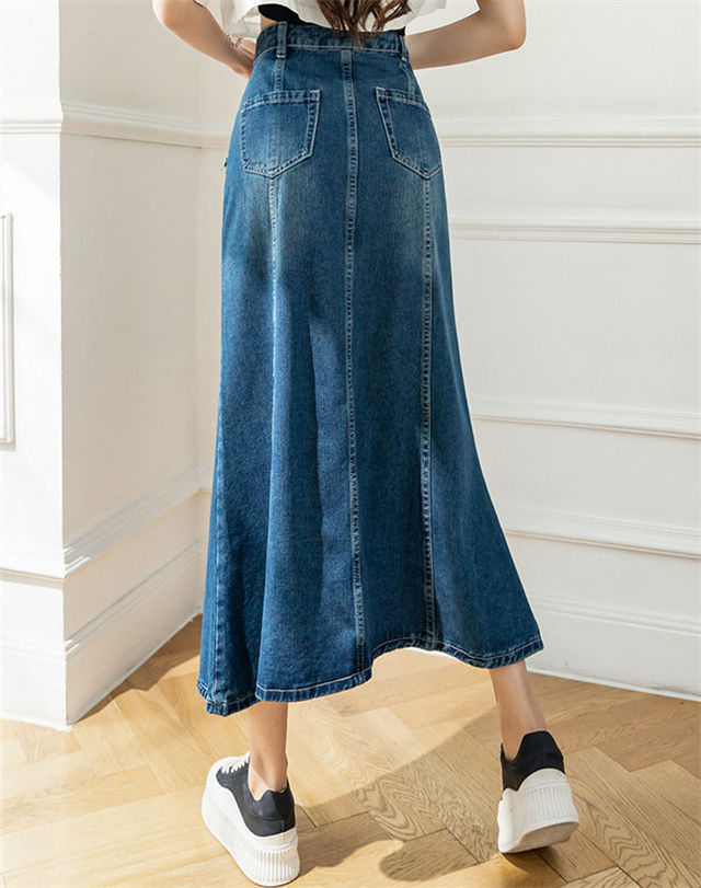 CM-BF071222 Women Preppy Seoul Style High Waist Fishtail Denim A-Line Long Skirt