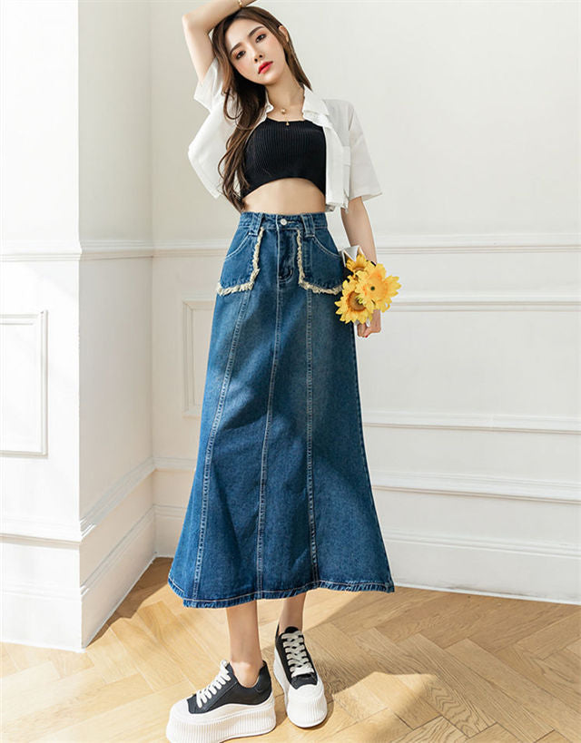 CM-BF071222 Women Preppy Seoul Style High Waist Fishtail Denim A-Line Long Skirt