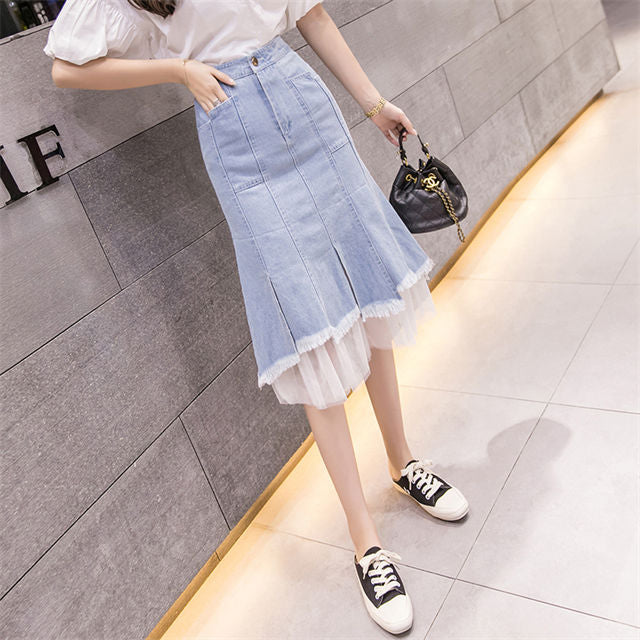 CM-BF071224 Women Preppy Seoul Style High Waist Gauze Splicing Fishtail Denim Skirt