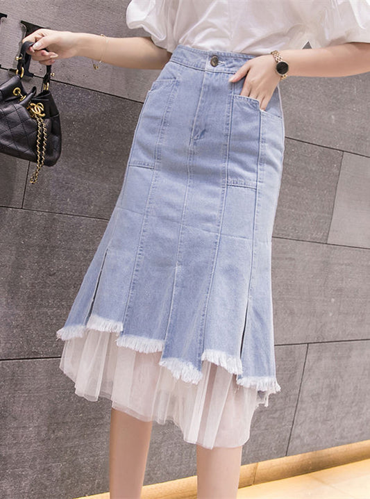 CM-BF071224 Women Preppy Seoul Style High Waist Gauze Splicing Fishtail Denim Skirt