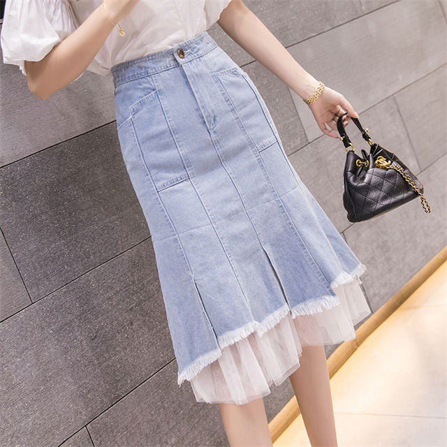 CM-BF071224 Women Preppy Seoul Style High Waist Gauze Splicing Fishtail Denim Skirt
