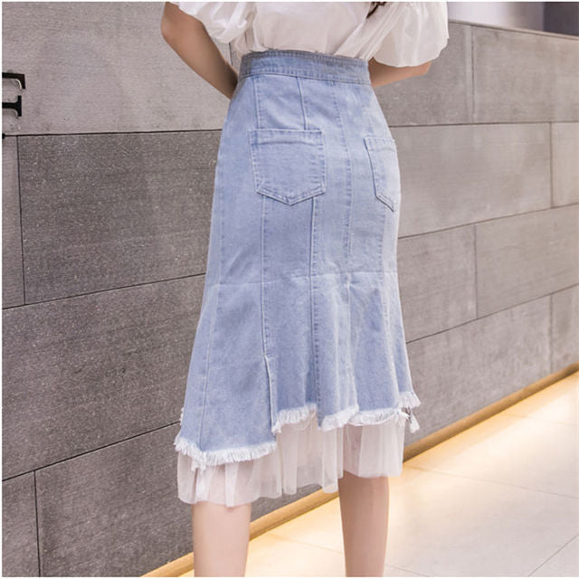 CM-BF071224 Women Preppy Seoul Style High Waist Gauze Splicing Fishtail Denim Skirt