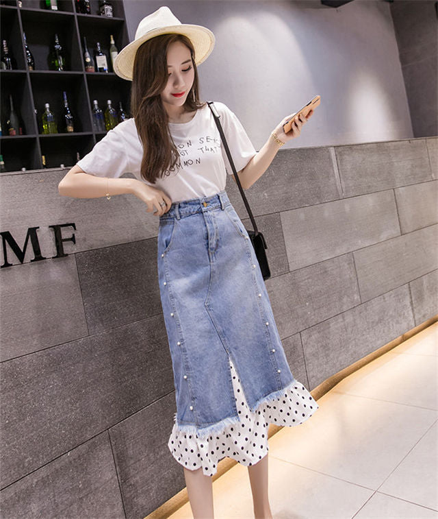 CM-BF071225 Women Preppy Seoul Style Beads Dots Fishtail Denim A-Line Skirt