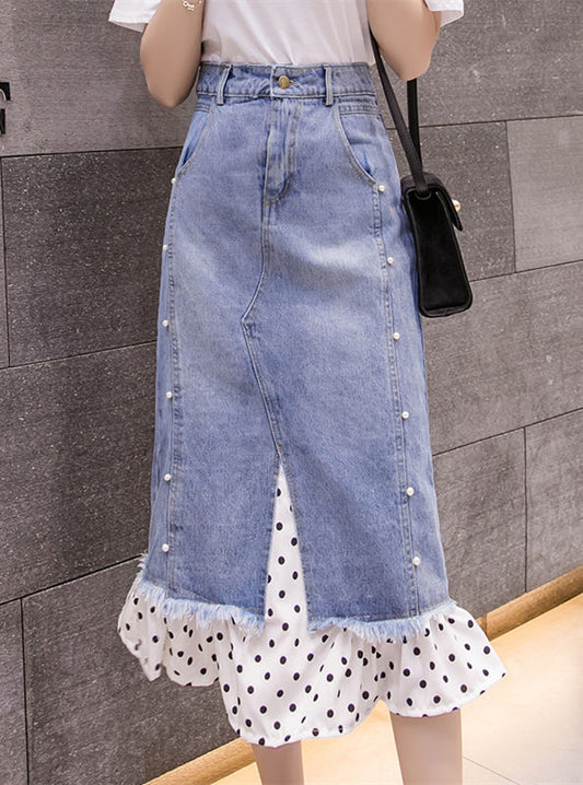 CM-BF071225 Women Preppy Seoul Style Beads Dots Fishtail Denim A-Line Skirt