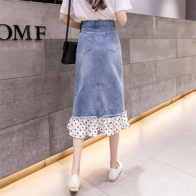 CM-BF071225 Women Preppy Seoul Style Beads Dots Fishtail Denim A-Line Skirt