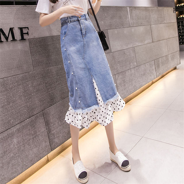 CM-BF071225 Women Preppy Seoul Style Beads Dots Fishtail Denim A-Line Skirt