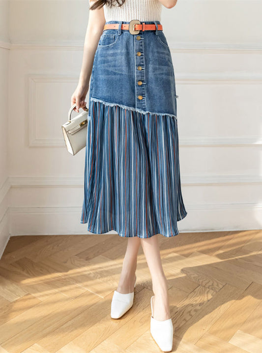 CM-BF071232 Women Classic Seoul Style Single-breasted Stripes Denim Long Skirt