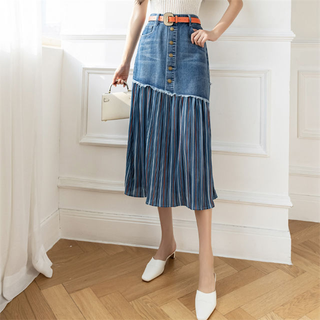 CM-BF071232 Women Classic Seoul Style Single-breasted Stripes Denim Long Skirt