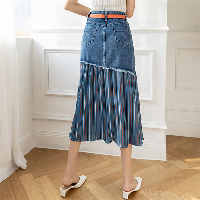 CM-BF071232 Women Classic Seoul Style Single-breasted Stripes Denim Long Skirt