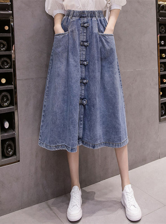 CM-BF071235 Women Retro Seoul Style Elastic Waist Umbrella Denim Long Skirt