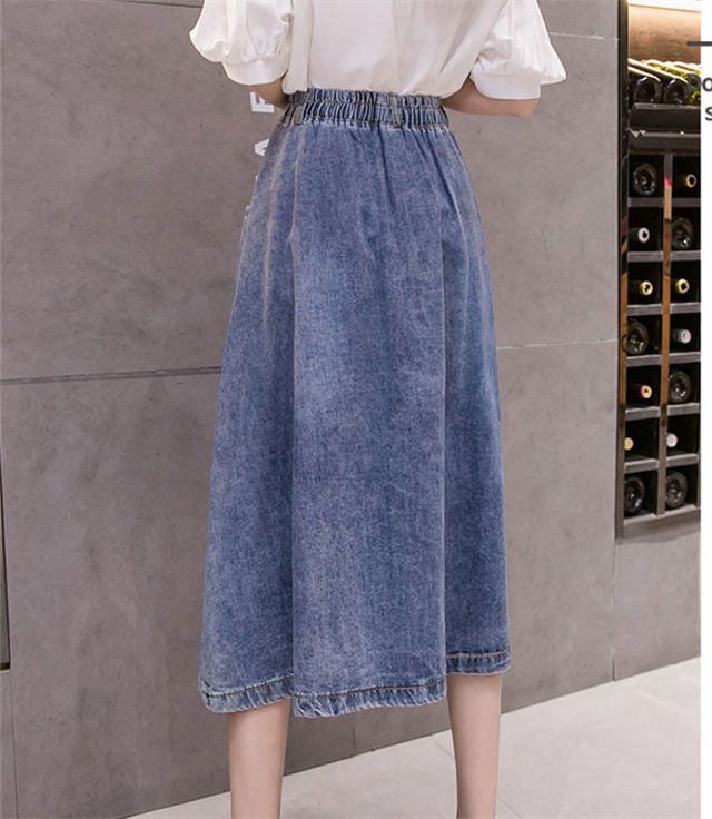 CM-BF071235 Women Retro Seoul Style Elastic Waist Umbrella Denim Long Skirt