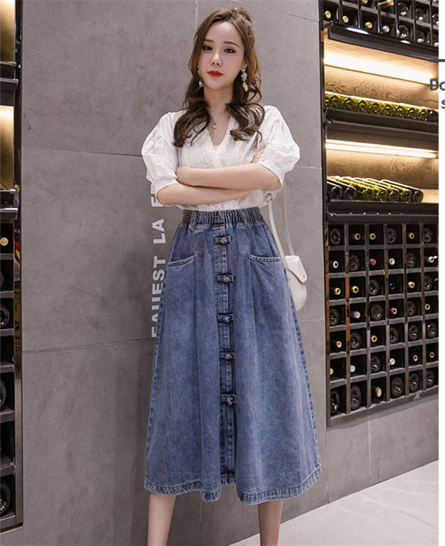 CM-BF071235 Women Retro Seoul Style Elastic Waist Umbrella Denim Long Skirt