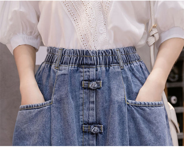 CM-BF071235 Women Retro Seoul Style Elastic Waist Umbrella Denim Long Skirt