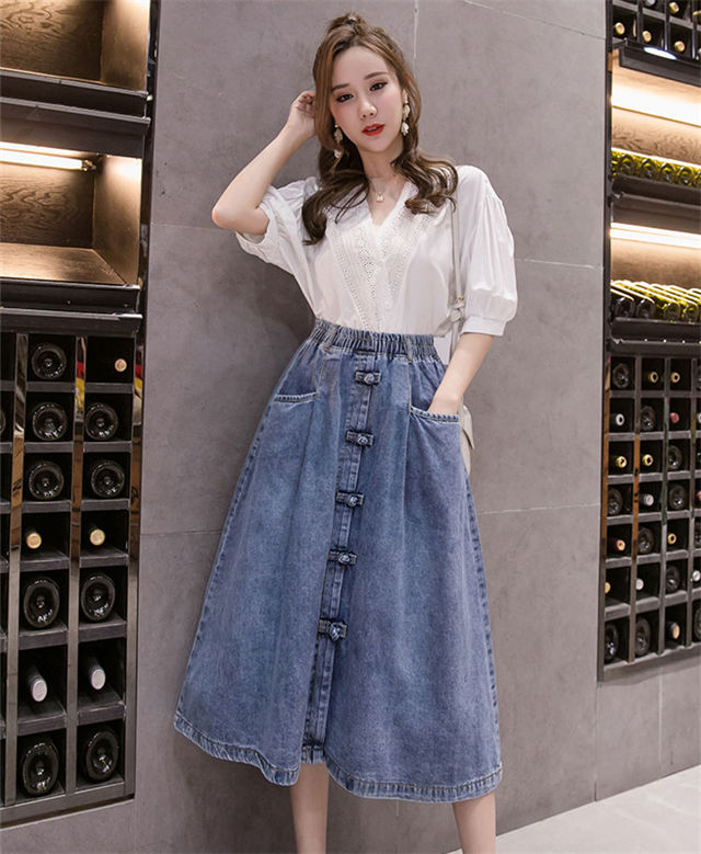 CM-BF071235 Women Retro Seoul Style Elastic Waist Umbrella Denim Long Skirt