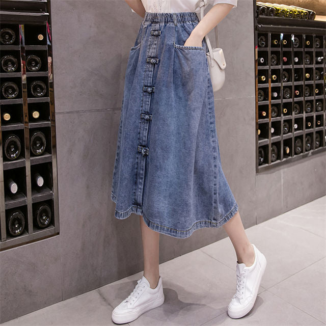 CM-BF071235 Women Retro Seoul Style Elastic Waist Umbrella Denim Long Skirt