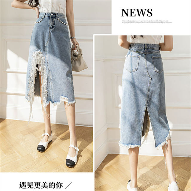 CM-BF071238 Women Preppy Seoul Style Beads Tassels Split Denim A-Line Skirt