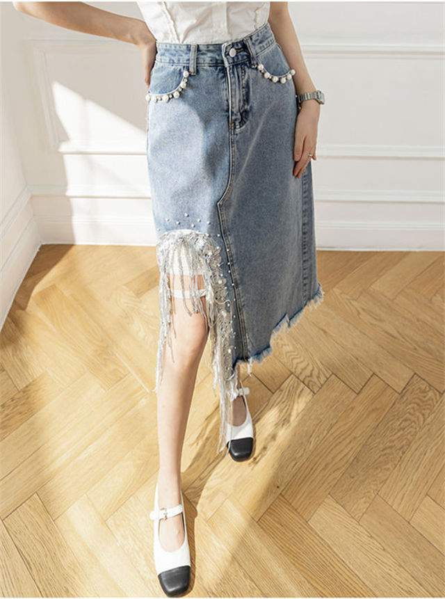 CM-BF071238 Women Preppy Seoul Style Beads Tassels Split Denim A-Line Skirt